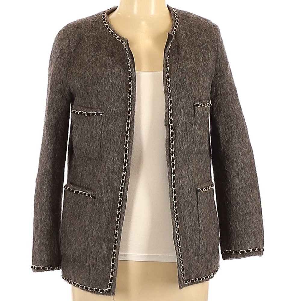 Vintage Charcoal Grey Boiled Wool Gold Chain Trim Classic Blazer Jacket